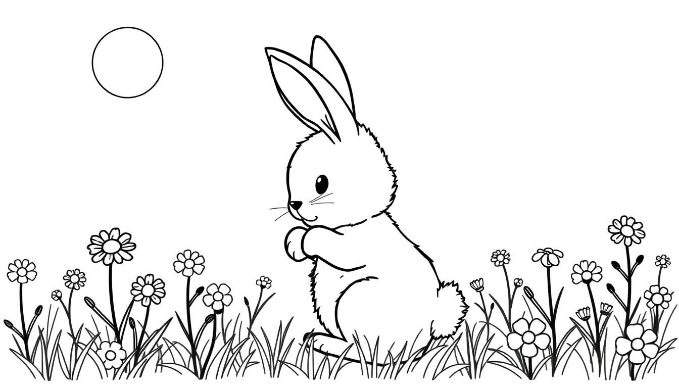 A black and white drawing of a bunny sitting peacefully in a field of flowers under a large full moon.