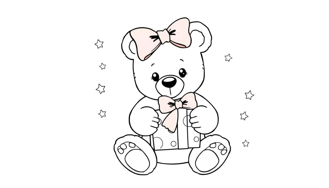 A black and white drawing of a teddy bear with a bow on its head and holding a polka-dotted gift, surrounded by stars.