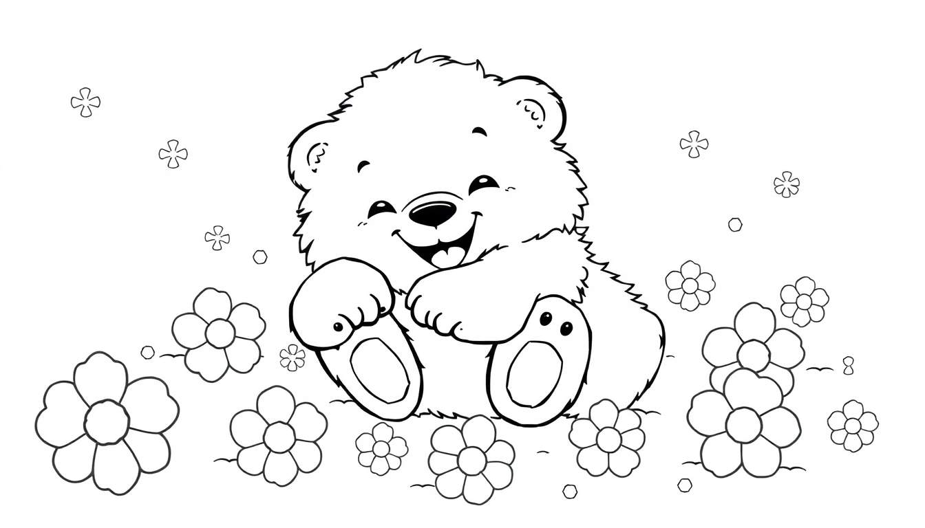 A happy cartoon bear sitting amongst colorful flowers, ready to be colored.