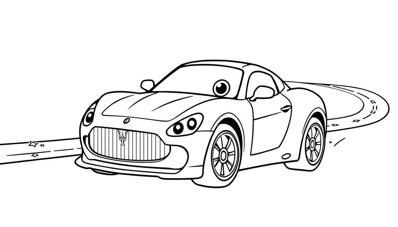 A cartoon drawing of a sporty car with friendly eyes driving on a road.
