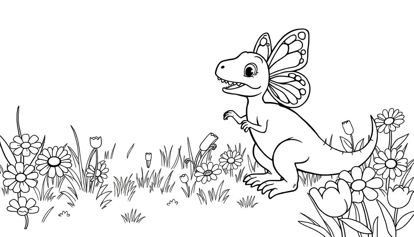 A cartoon dinosaur with butterfly wings smiles with its arms open among flowers.