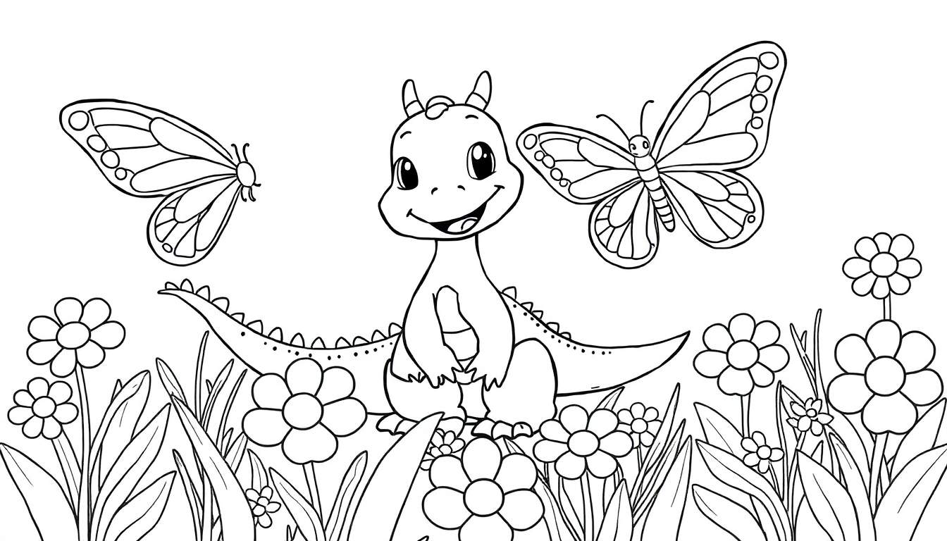 A cute baby dragon with small horns sitting in a field of flowers with two butterflies nearby.
