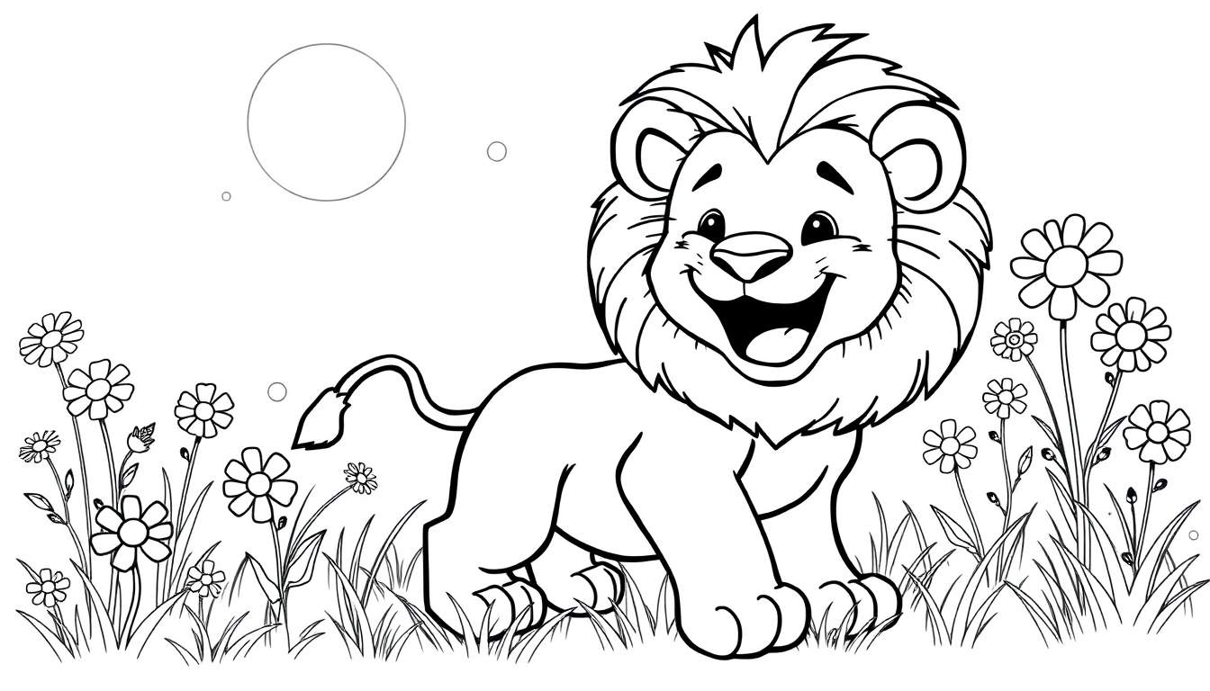 A smiling cartoon lion with a fluffy mane standing in a field of daisies under a large circle representing the sun or moon.