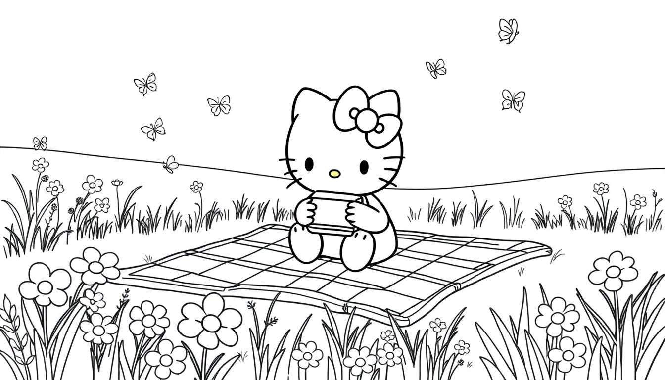 A black and white line drawing of Hello Kitty sitting on a picnic blanket surrounded by flowers and butterflies.