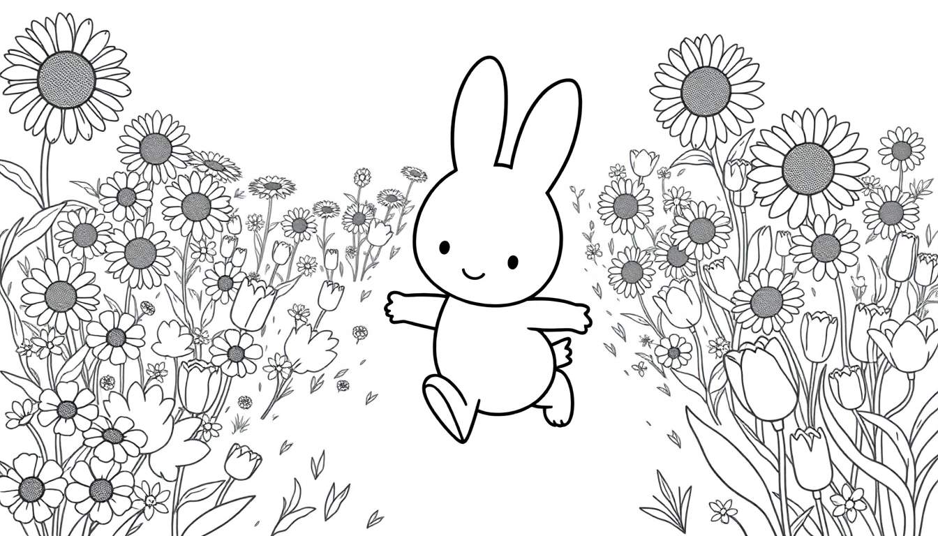 Cartoon bunny running happily through a field of flowers.