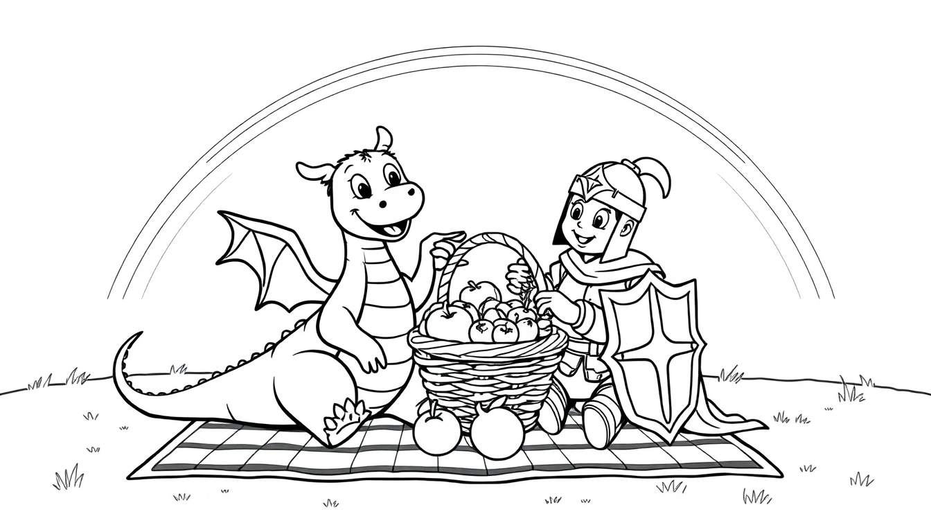 A friendly black and white illustration of a dragon and a knight having a picnic under a rainbow.