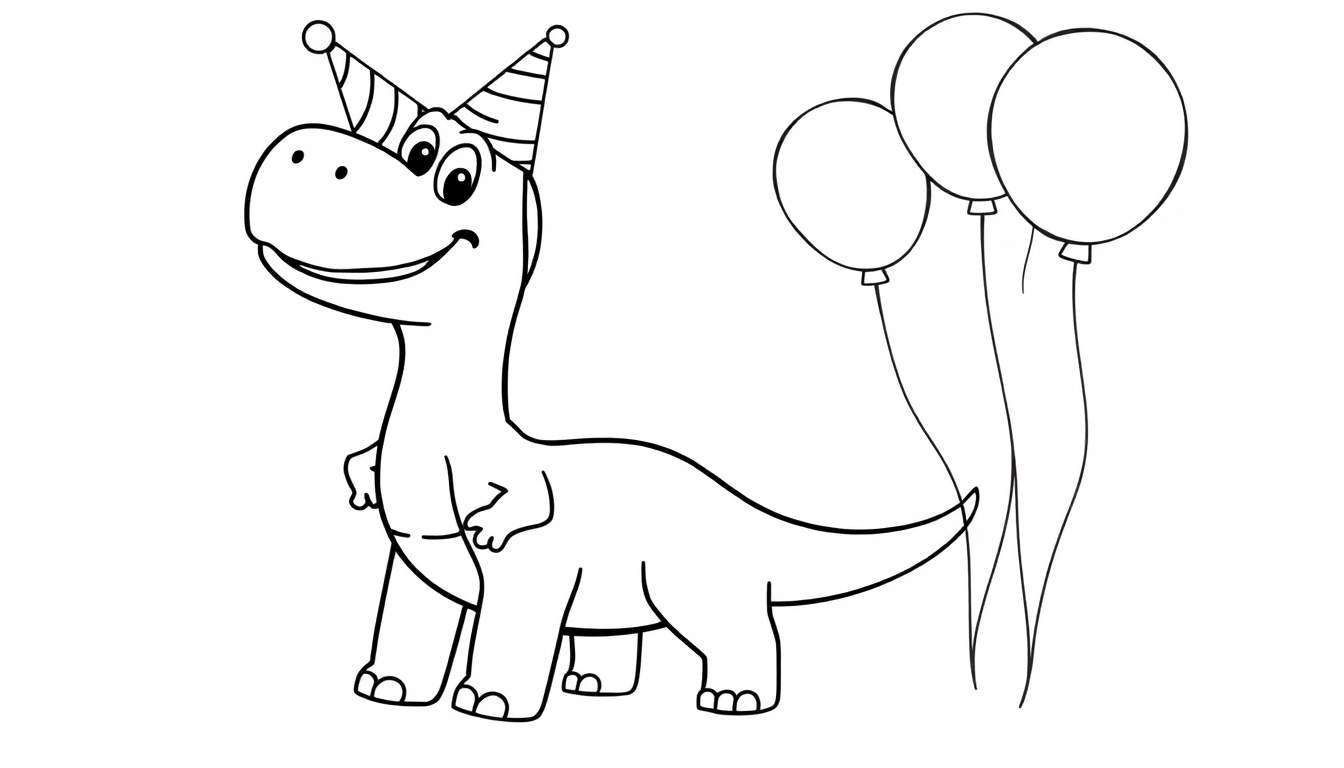 A happy cartoon dinosaur wearing two party hats and standing near balloons.
