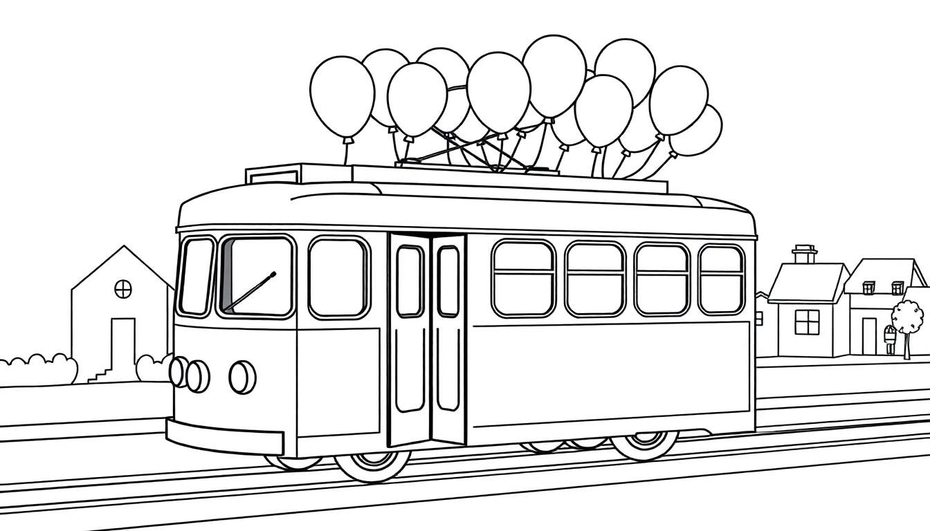A smiling trolley car with balloons on its roof, ready for a ride in a town.
