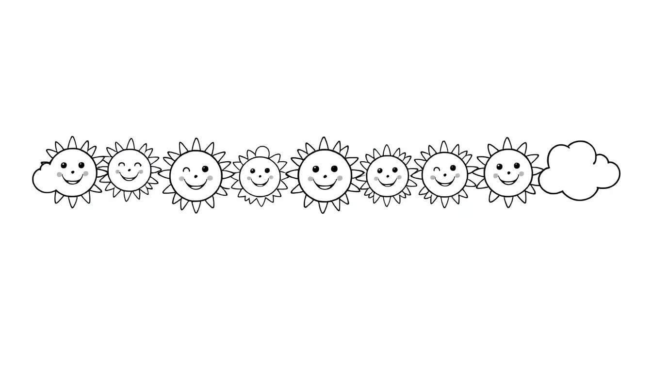 A black and white drawing of a garland of smiling cartoon suns and one cloud, a fun color panel for kids.