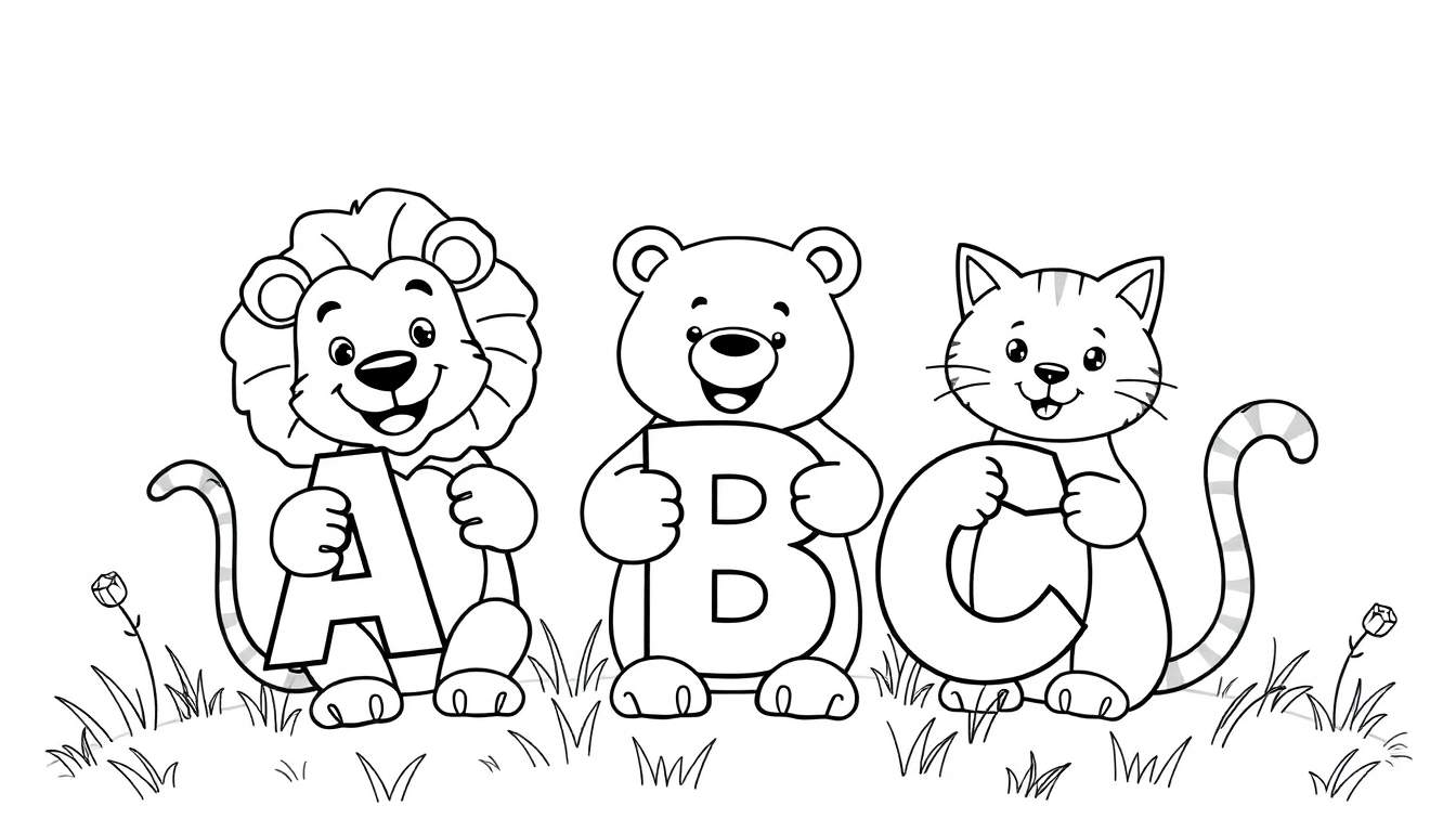 Cartoon lion, bear, and cat holding letters A, B, and C in a grassy field.