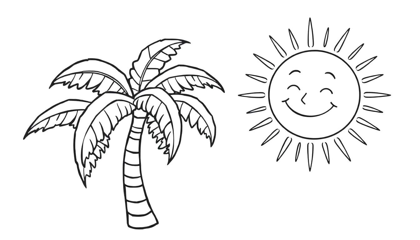 A black and white cartoon drawing of a happy palm tree next to a smiling sun.