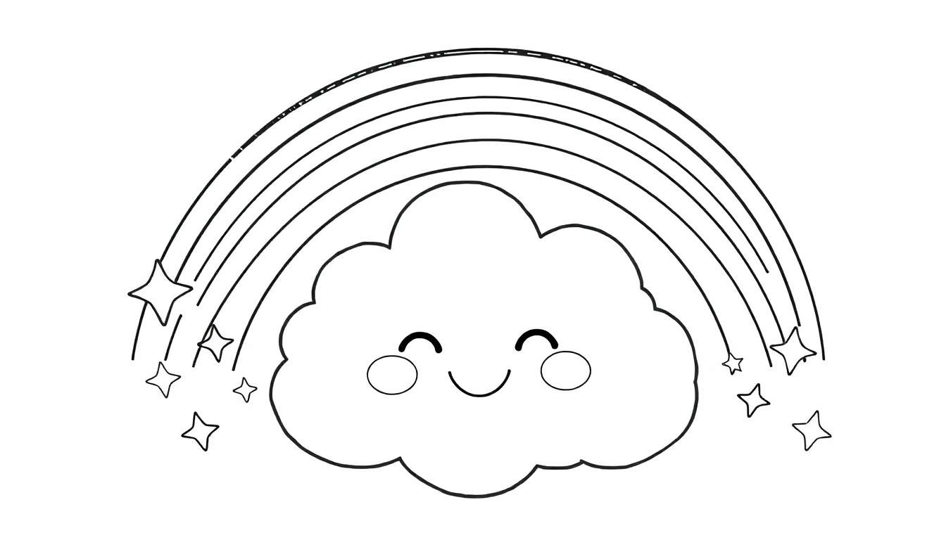 A cartoon drawing of a happy cloud with a rainbow and stars.
