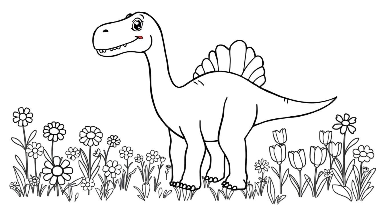 A happy dinosaur with plates on its back is smiling amongst flowers.