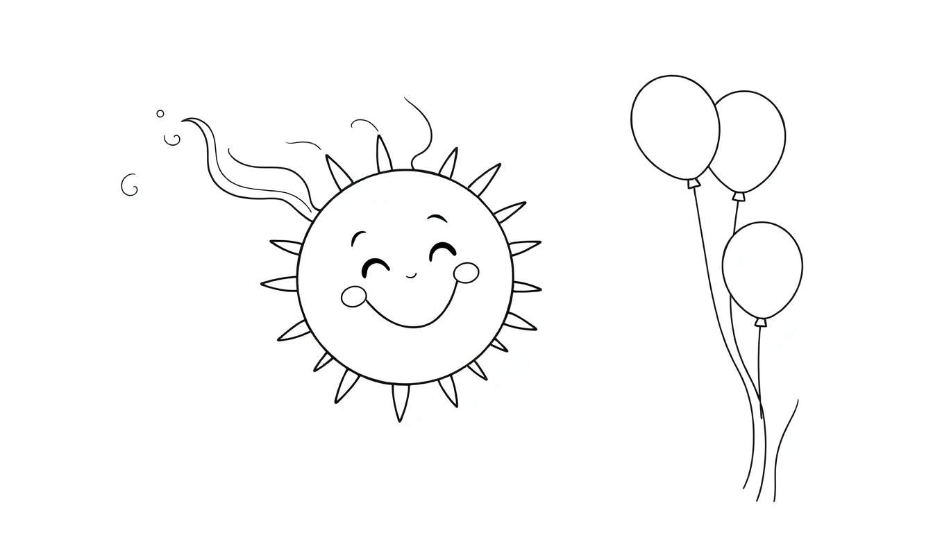 A cheerful cartoon sun with wavy lines above its head, and three balloons floating to its right.