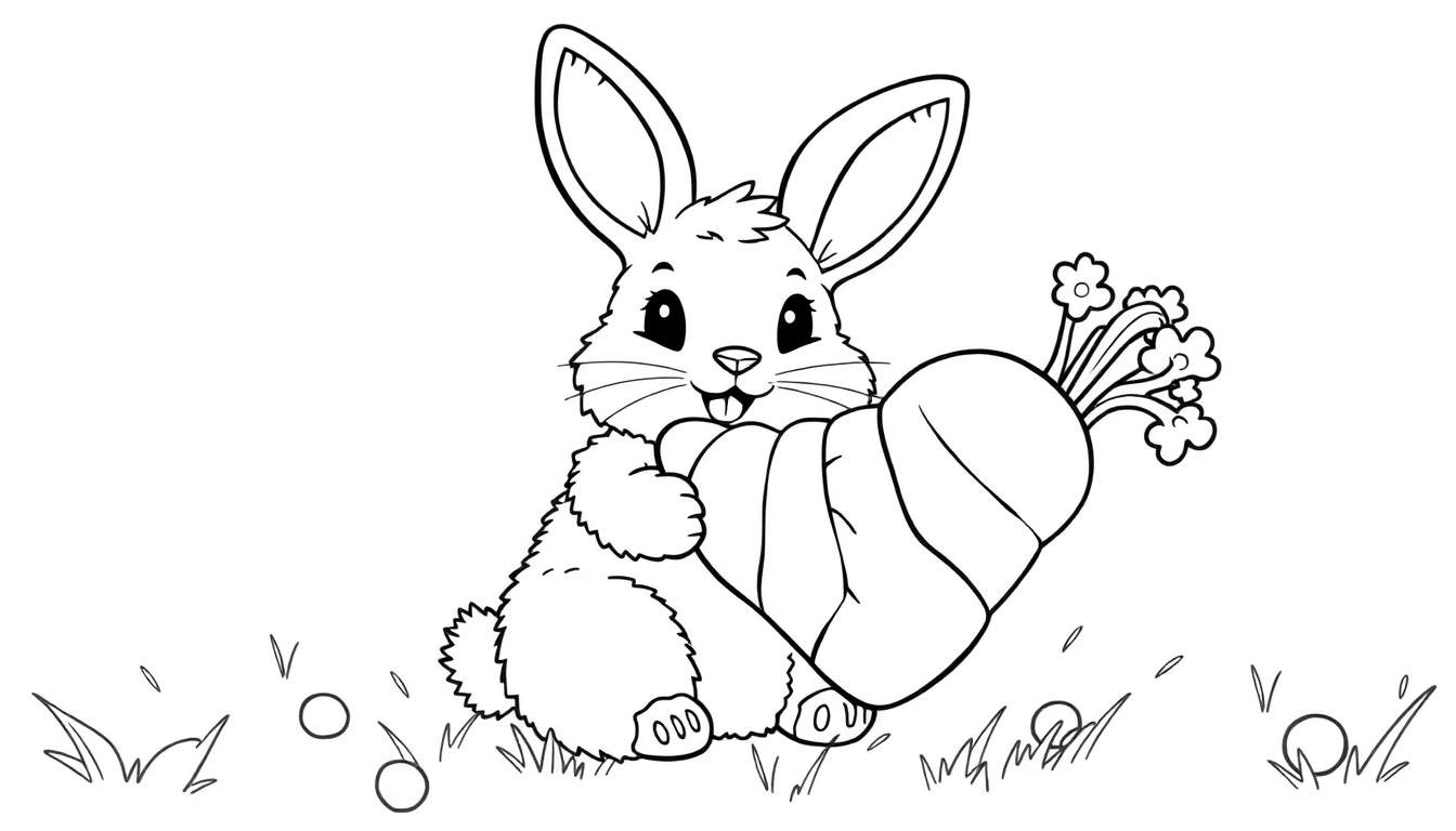 A cartoon bunny with big ears sits in a field holding a giant carrot.