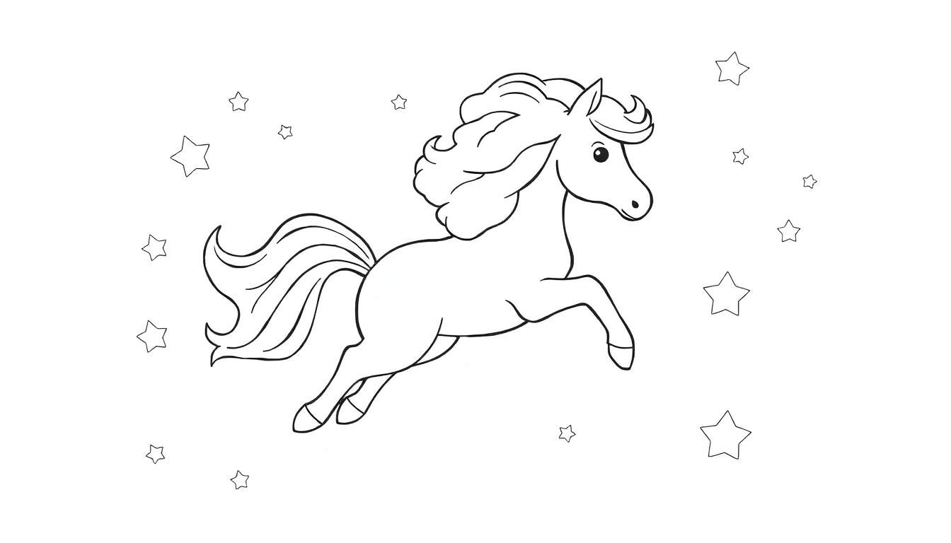 A black and white drawing of a horse with a flowing mane and tail jumping through stars.