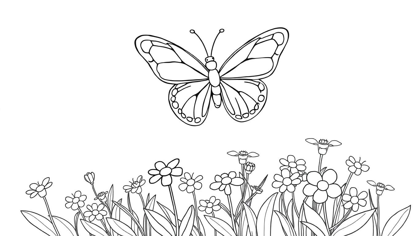 A black and white drawing of a butterfly above a field of flowers.