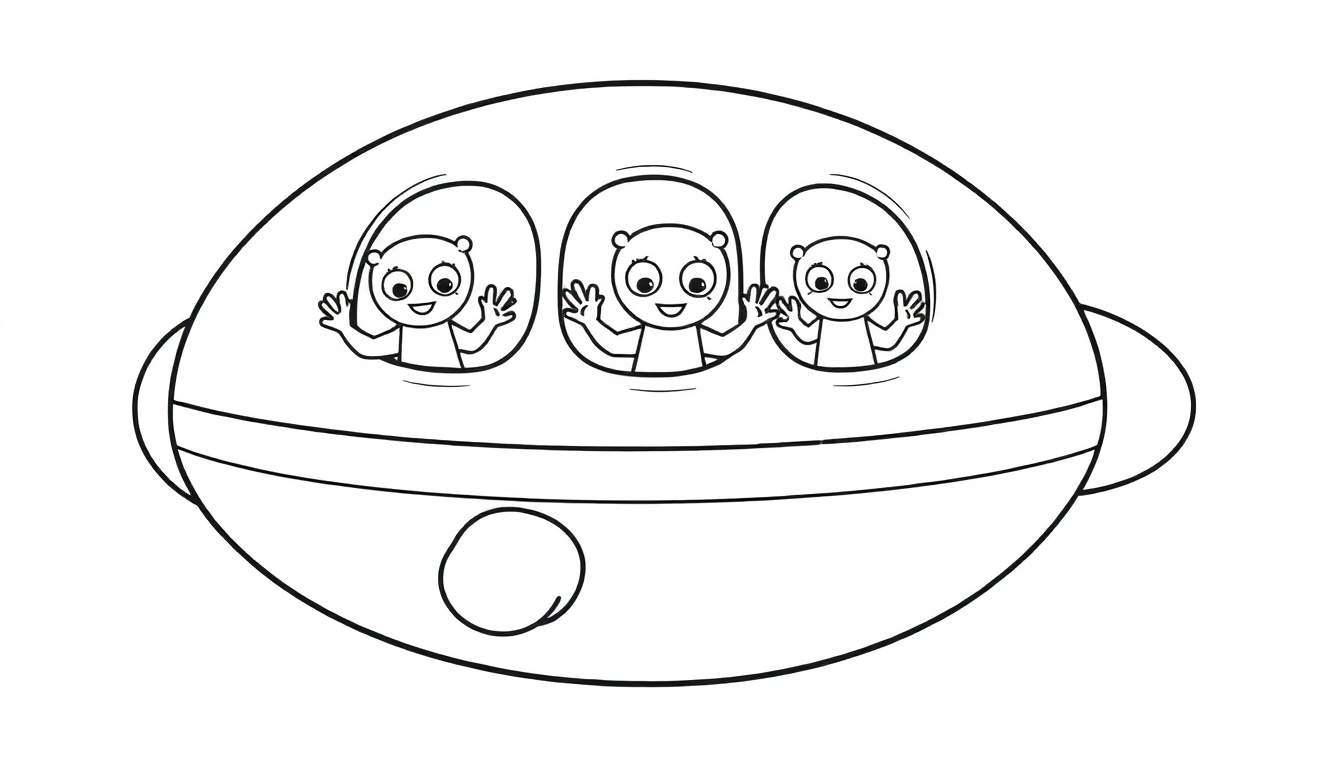 A black and white cartoon drawing of a small spaceship with three cute aliens inside waving from round windows.