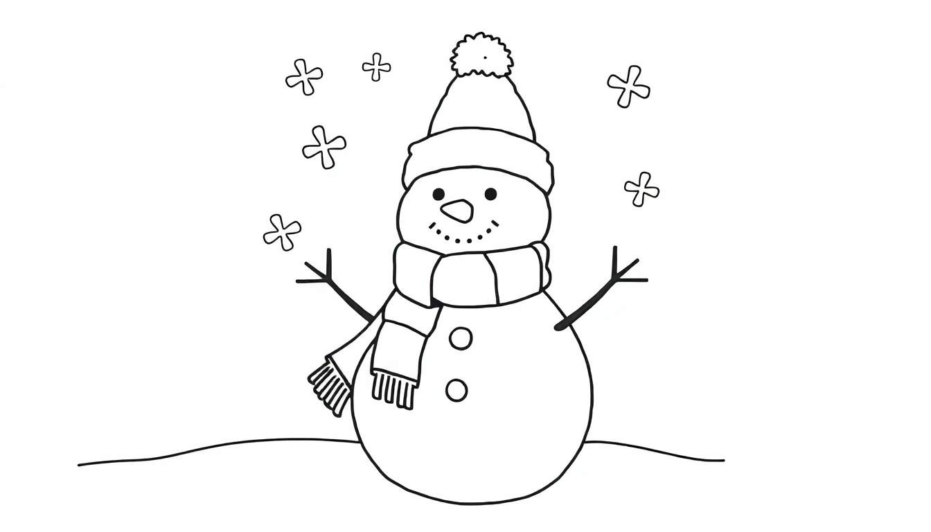A black and white drawing of a friendly snowman with a carrot nose, button eyes, and a scarf.