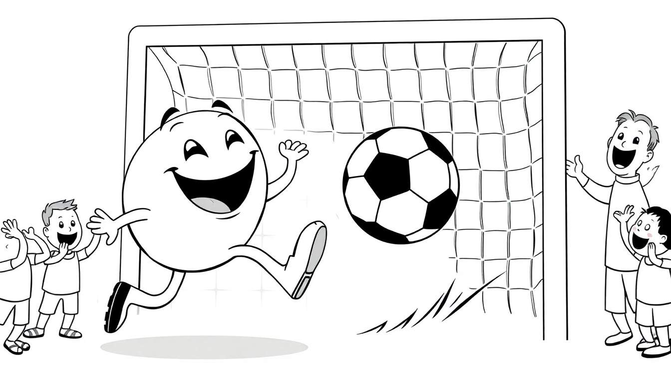 A happy cartoon soccer ball with a smiling face kicks the ball towards a goal, with a cheering crowd in a color panel.