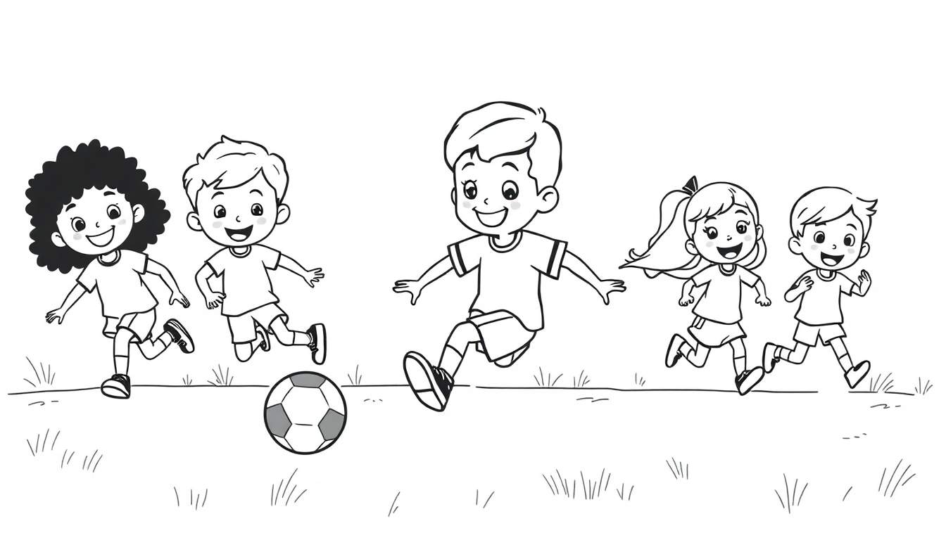 Five happy cartoon children playing soccer on a sunny green field, one child is kicking the ball.