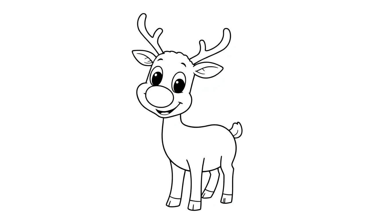 A happy black and white cartoon reindeer with big round eyes and a red nose, ready for coloring.