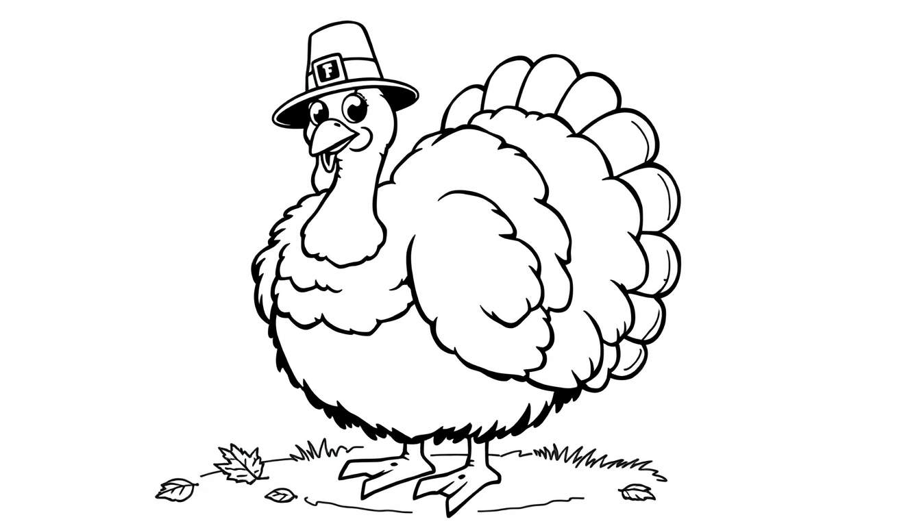 Cartoon turkey in a pilgrim hat