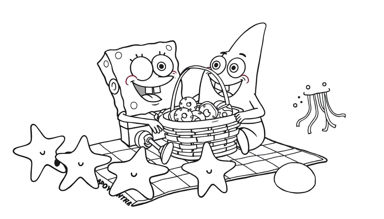 SpongeBob and Patrick having a picnic with starfish and a jellyfish.