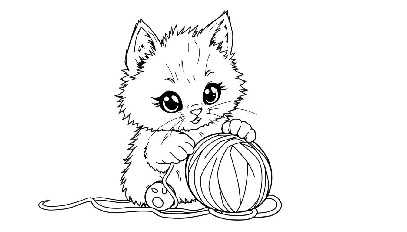 A cute black and white cartoon kitten sitting and playing with a ball of yarn.