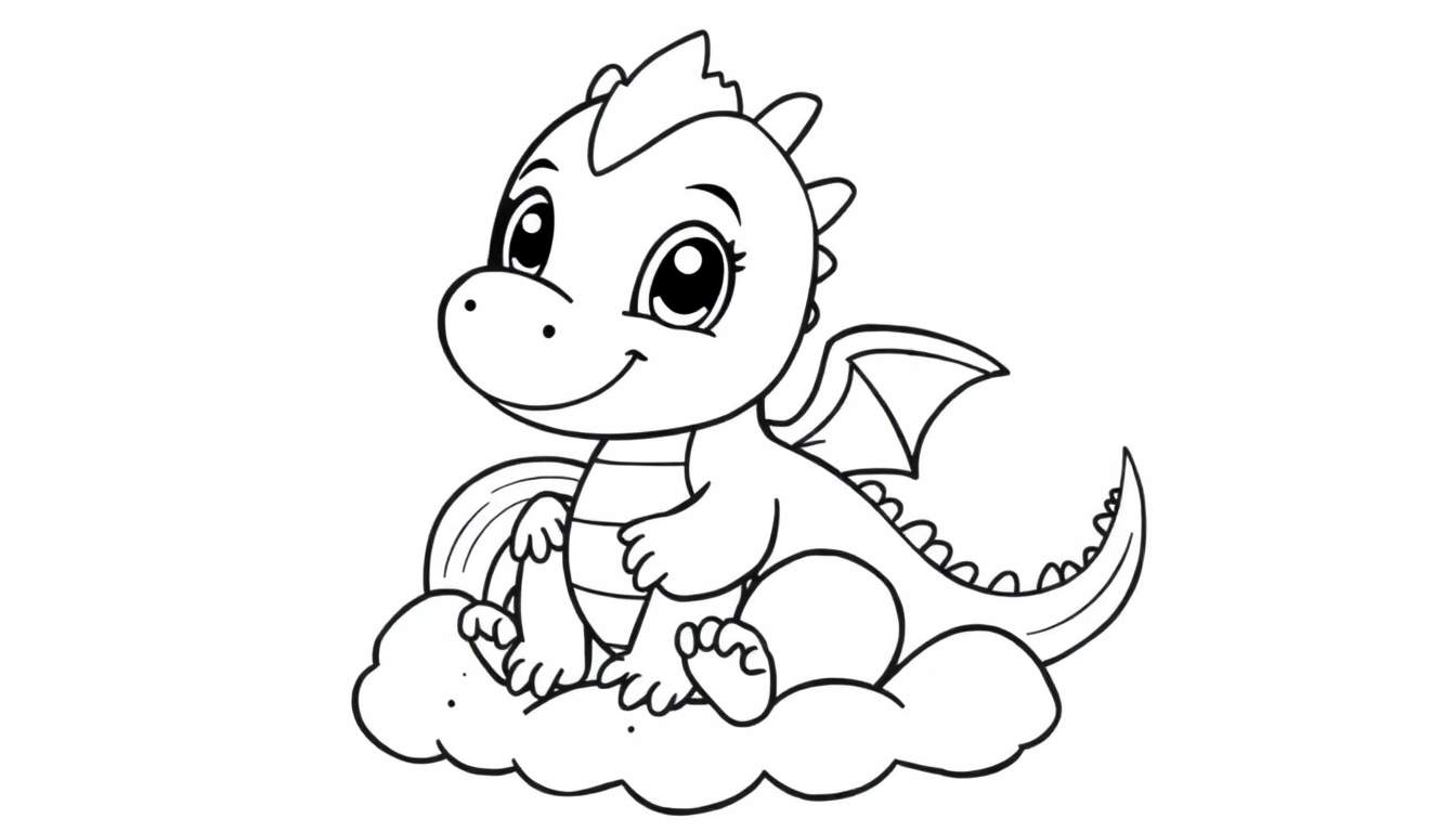 A cute, chubby baby dragon with big eyes and small wings, sitting on a cloud and holding a rainbow.
