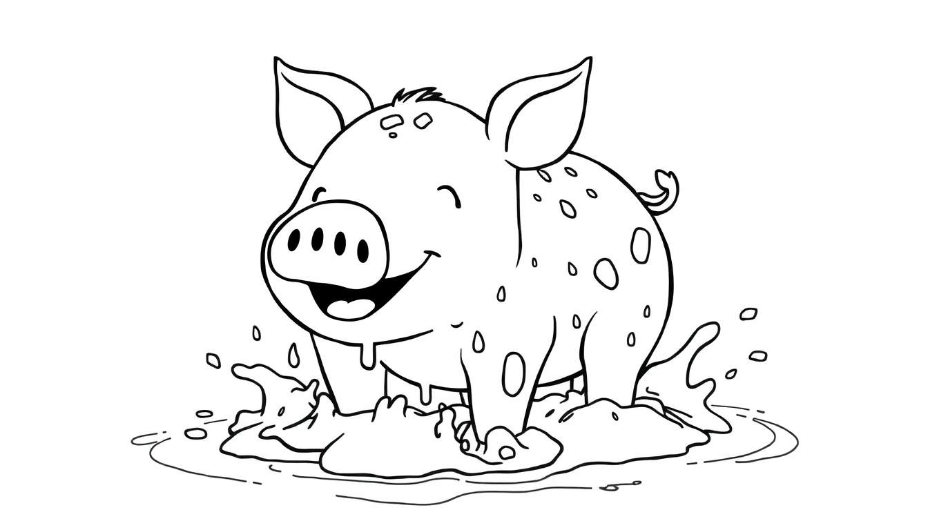A happy cartoon pig with big ears and a curly tail, smiling with mud splatters on its chin while standing in a muddy puddle.