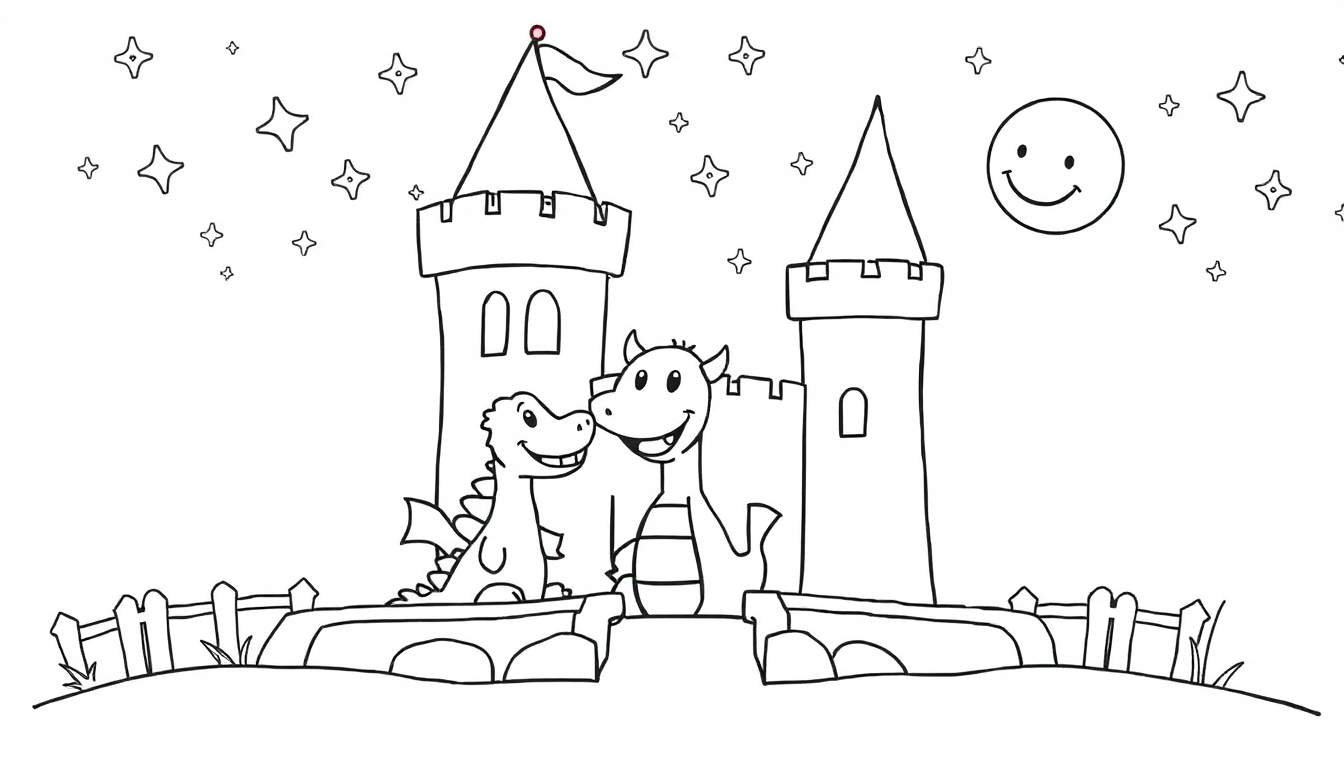 A black and white drawing of a whimsical castle with two towers connected by a bridge, guarded by two smiling dragons, under a happy moon and starry sky.