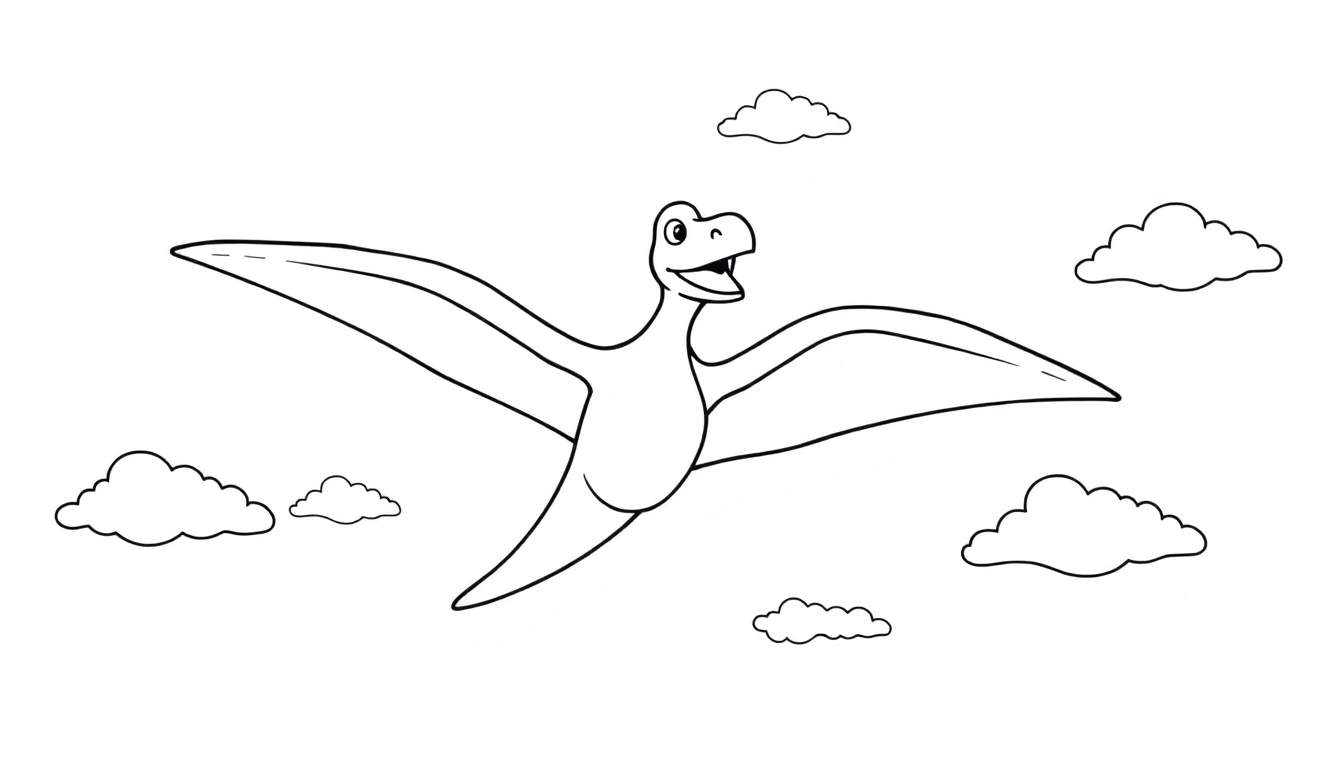 A black and white cartoon illustration of a Pterodactyl with its wings spread, flying happily amongst fluffy clouds.
