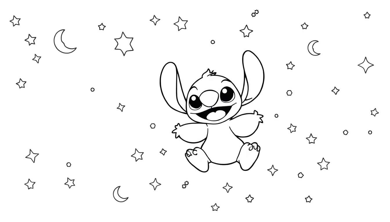 Stitch smiling with arms out, surrounded by stars, moons, circles, and a figure eight.