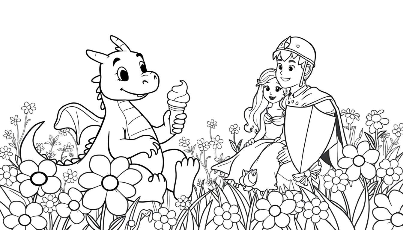 A friendly dragon and a royal couple enjoying ice cream in a flower color panel.