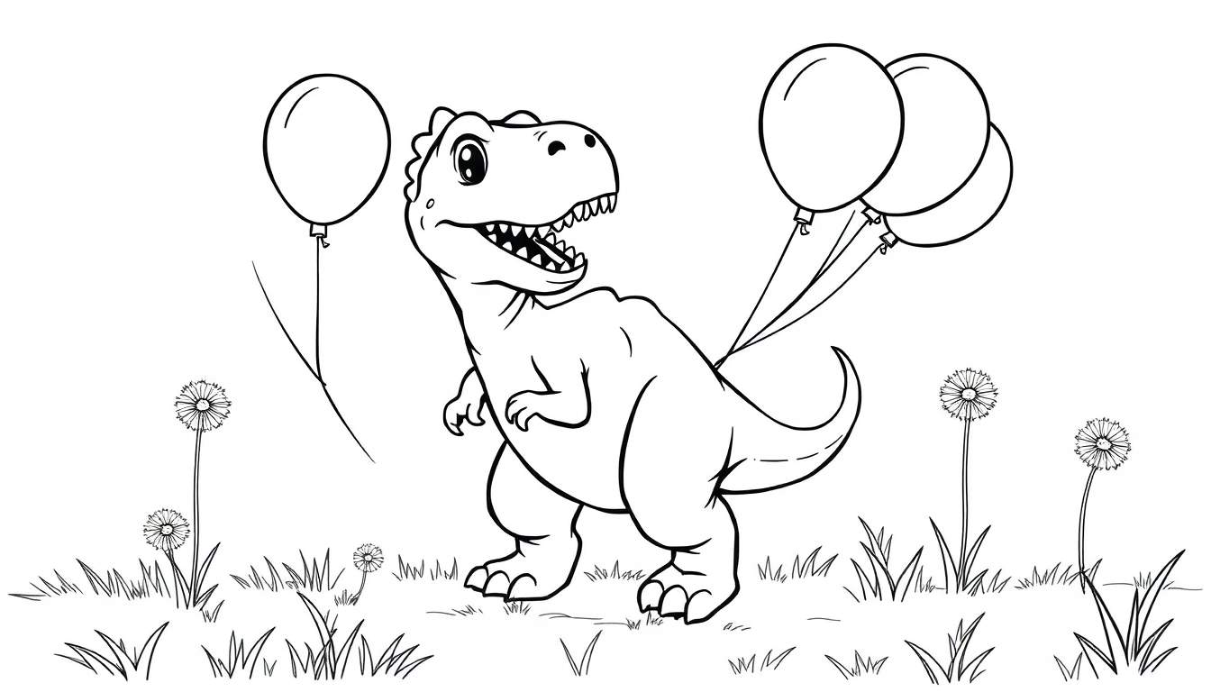A cartoon Tyrannosaurus Rex holding balloons with a playful expression, surrounded by dandelions.
