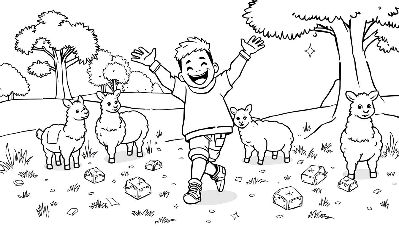 A happy boy is jumping in a field with llamas and gift boxes.