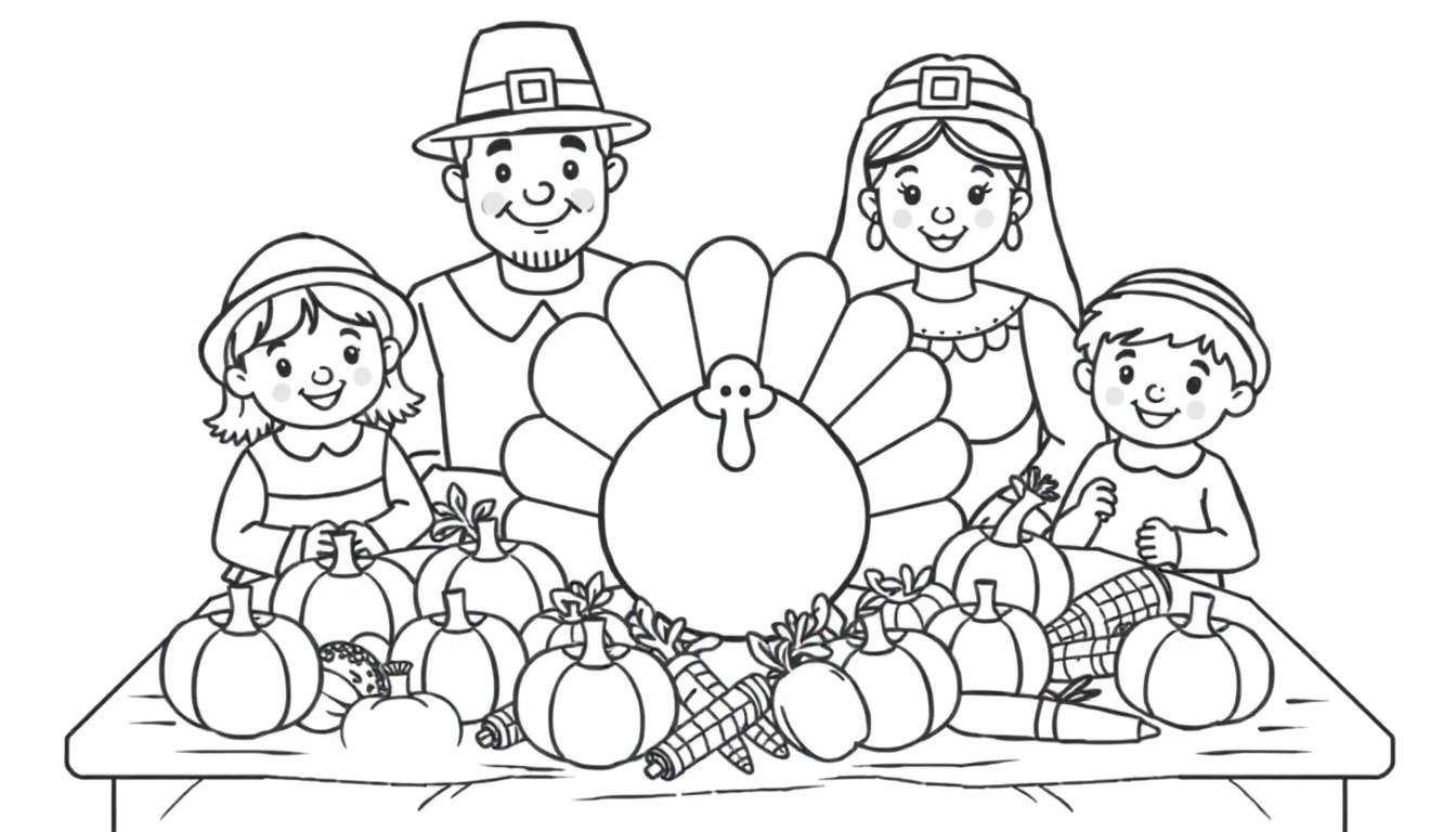 A black and white cartoon drawing of a pilgrim family gathered around a table with a turkey, pumpkins, and corn for Thanksgiving.