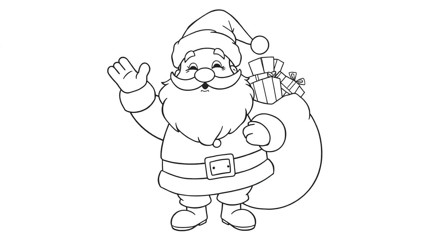 A line drawing of Santa Claus waving with a sack of gifts on his back, wearing his hat and beard.