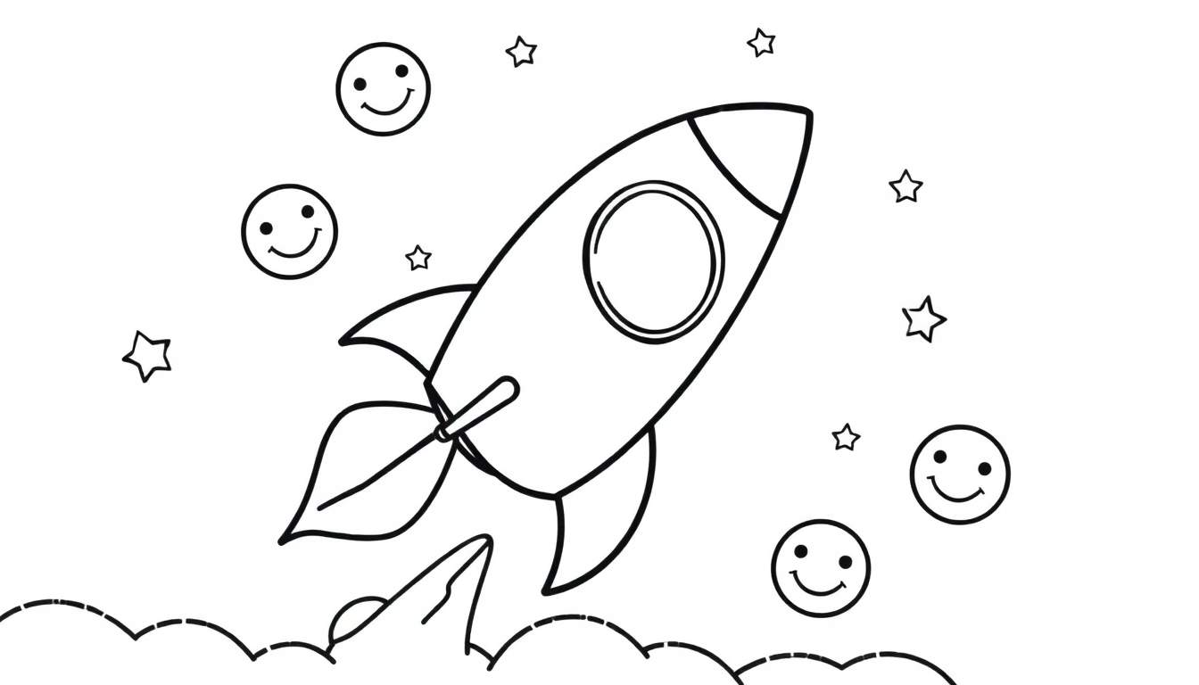 A black and white drawing of a rocket ship with a smiley face in its window, blasting off with colorful flames towards a starry sky with more smiley faces.