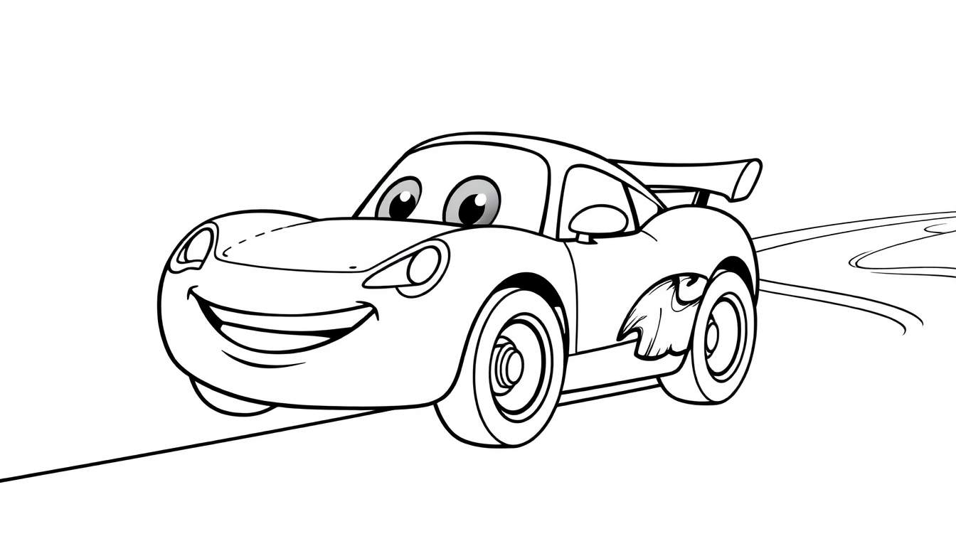A black and white cartoon race car with a smiling face, spoiler, and flame details, ready to be colored.