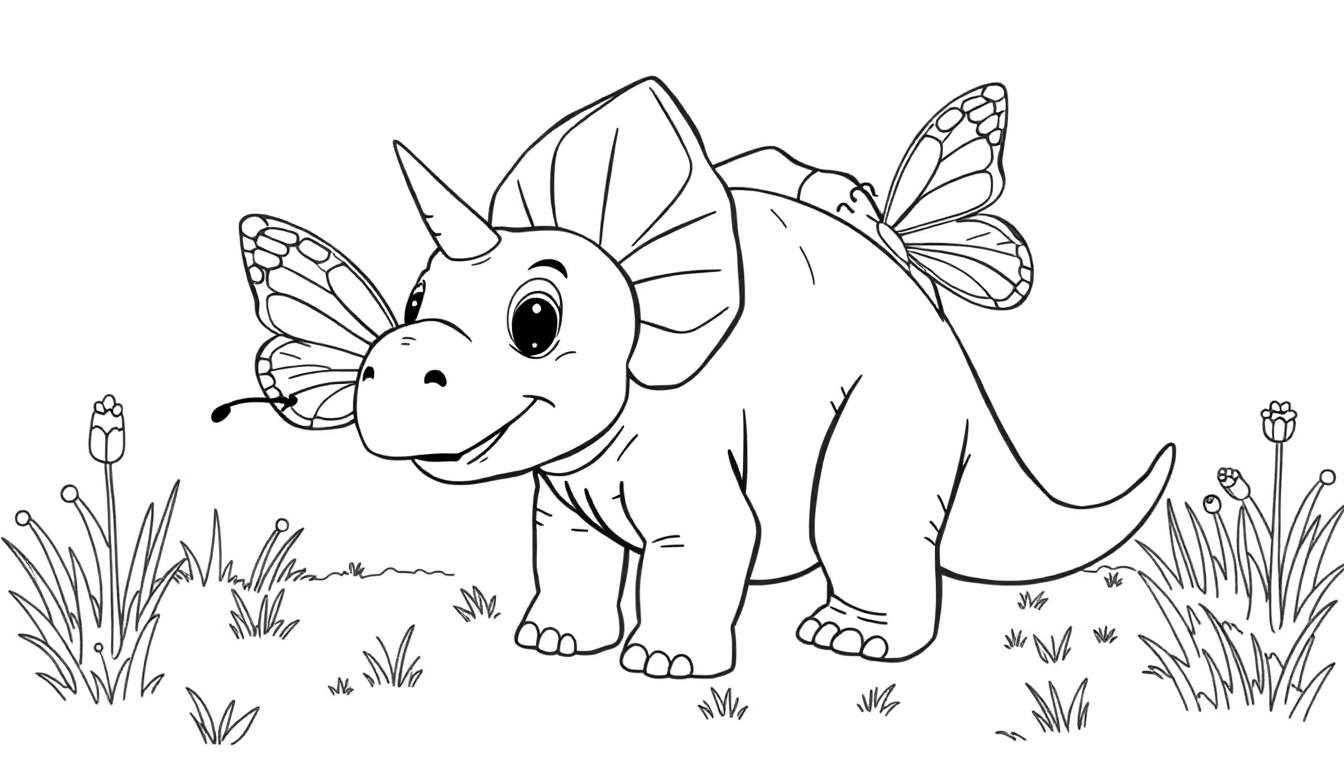 A cute cartoon Triceratops with butterflies on its nose and back, standing in a grassy field.