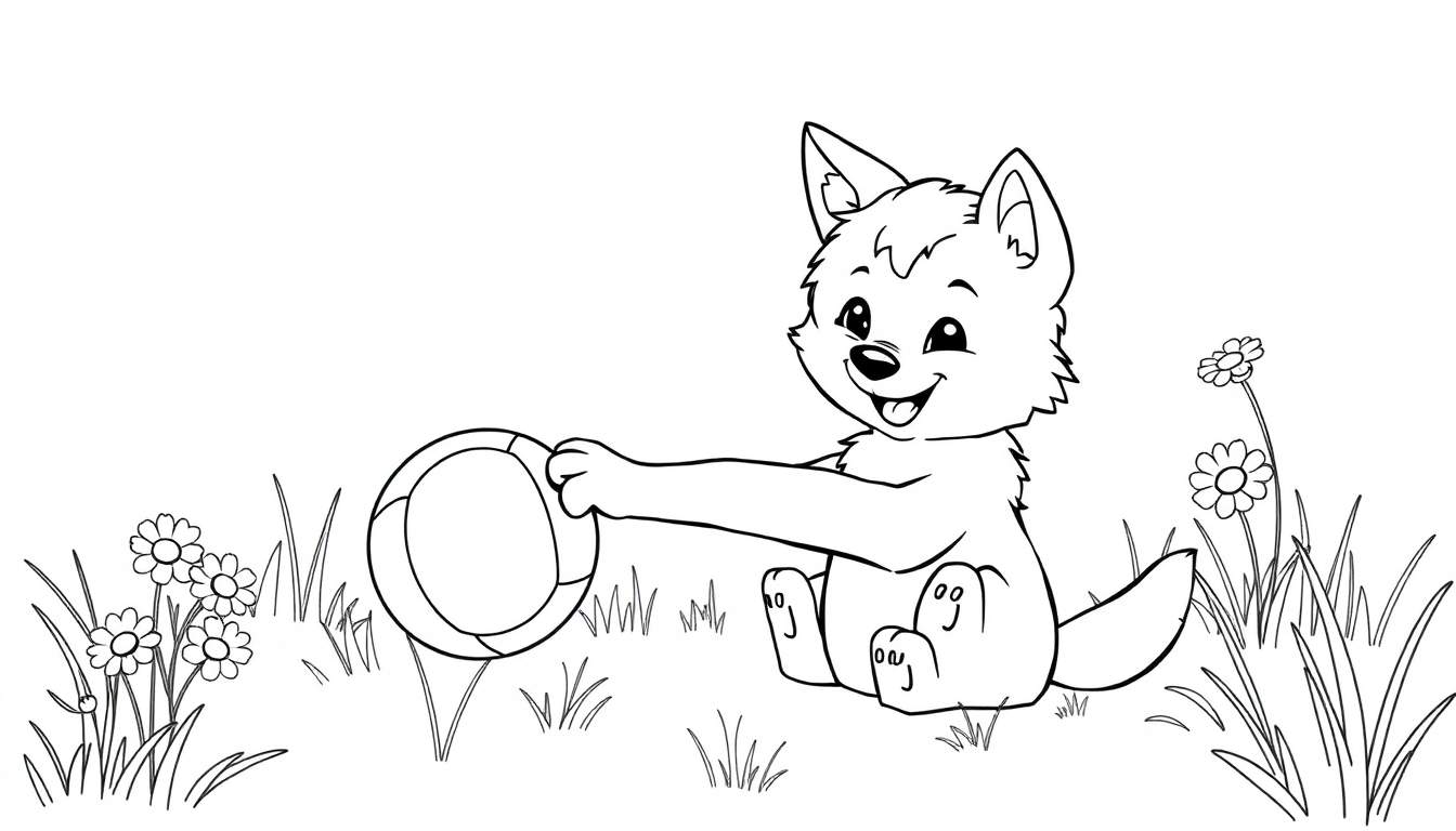 A cartoon wolf cub with a big smile sits in a field, playing with a ball. Simple lines for coloring.