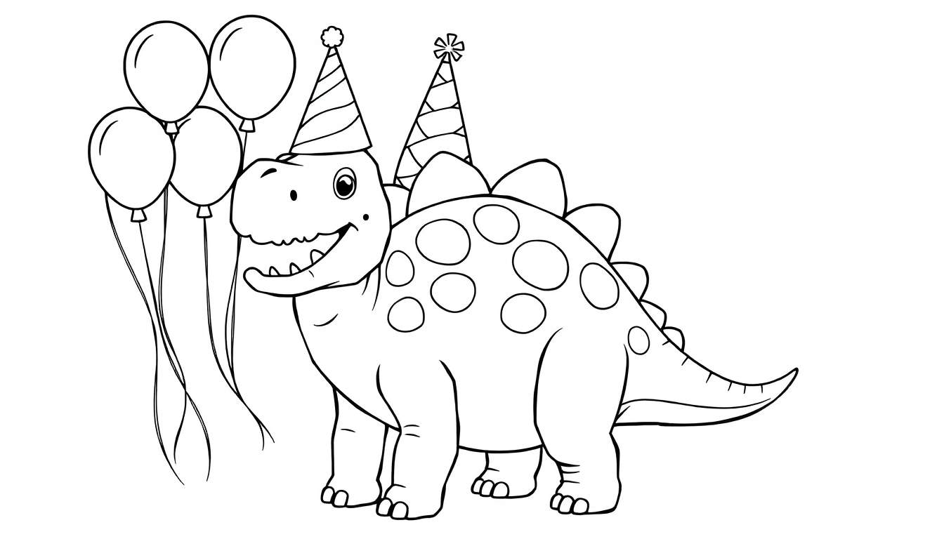A cute black and white line drawing of an Ankylosaurus wearing two party hats and holding four balloons.