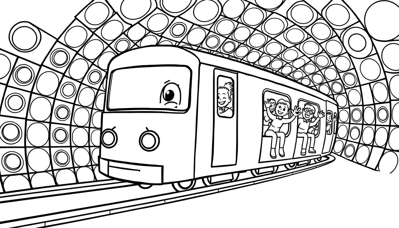 A black and white cartoon train with a smiling face at the front, traveling through a tunnel made of repeating circles, with passengers waving from the windows.