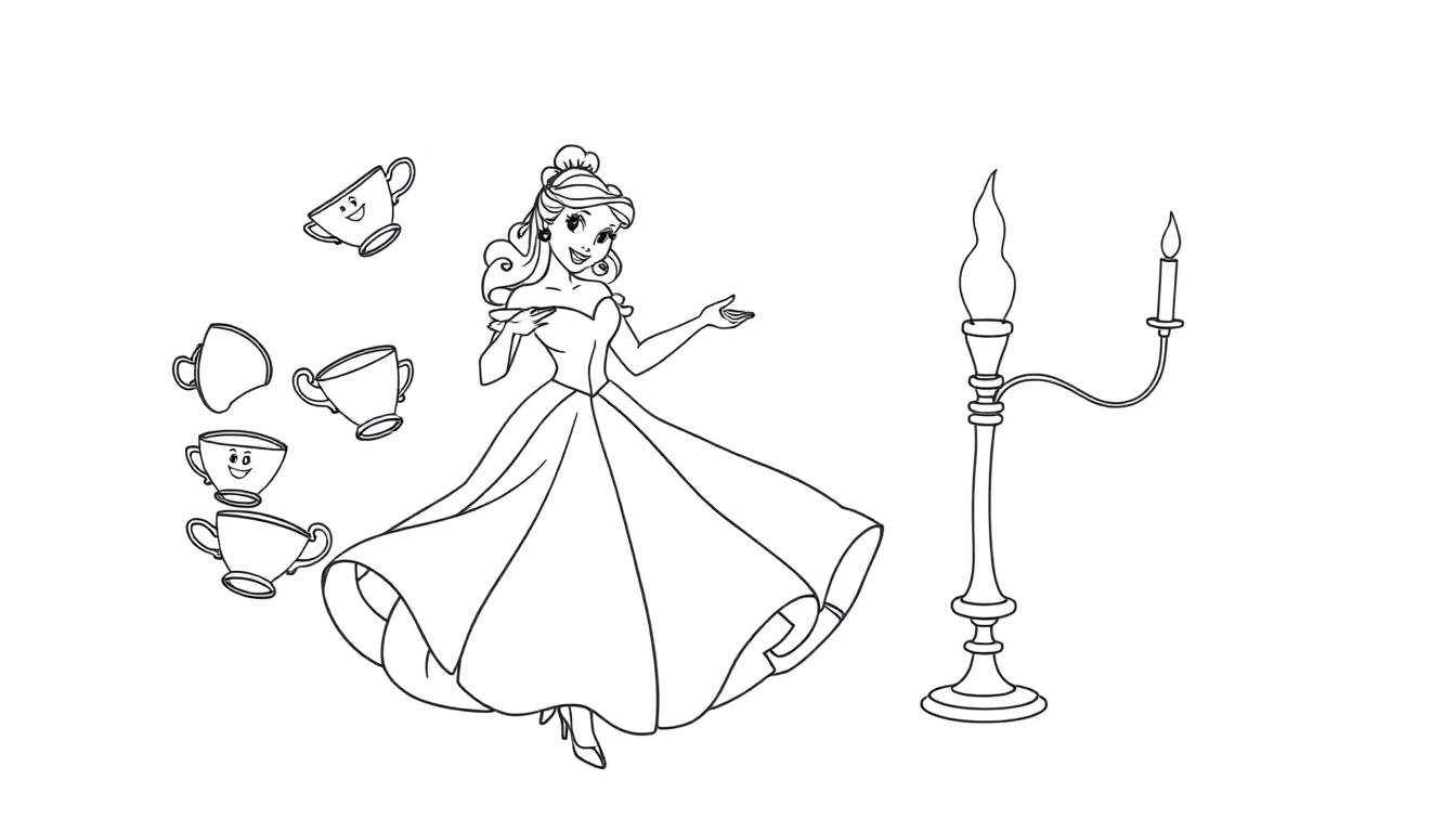 Belle from Beauty and the Beast with enchanted objects, a fun color panel.