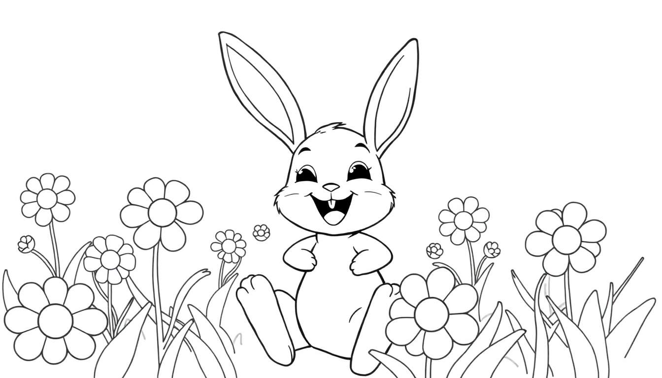A happy bunny with big ears sitting in a field of daisies.