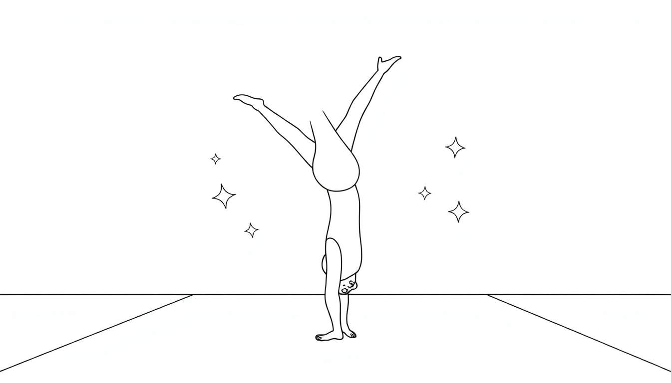 A black and white line drawing of a gymnast in a handstand with legs split.
