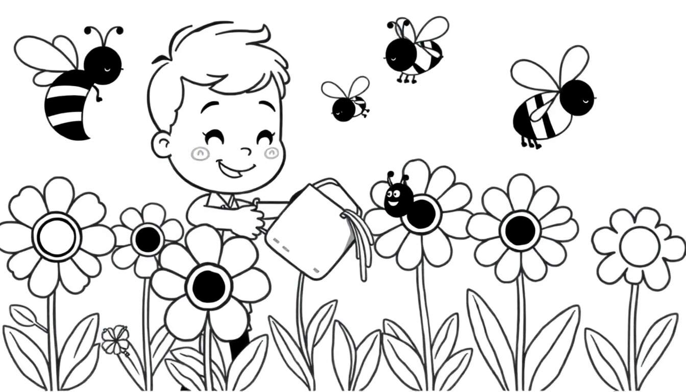 A Toca Boca character watering flowers with bees around.
