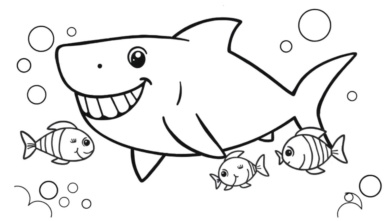A smiling shark in a color panel, with little fish and bubbles.
